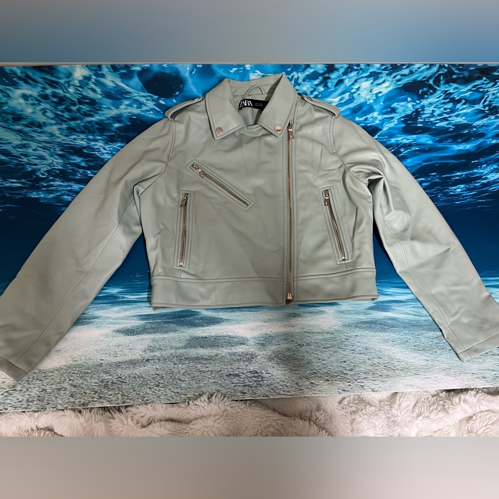 ❄️Zara Women's mint green Sage Moto Leather Jacket with Sleek Modern Feminine - Picture 2 of 13